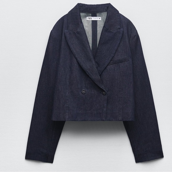 ZARA DOUBLE BREASTED CROP DENIM BLAZER - Picture 1 of 7